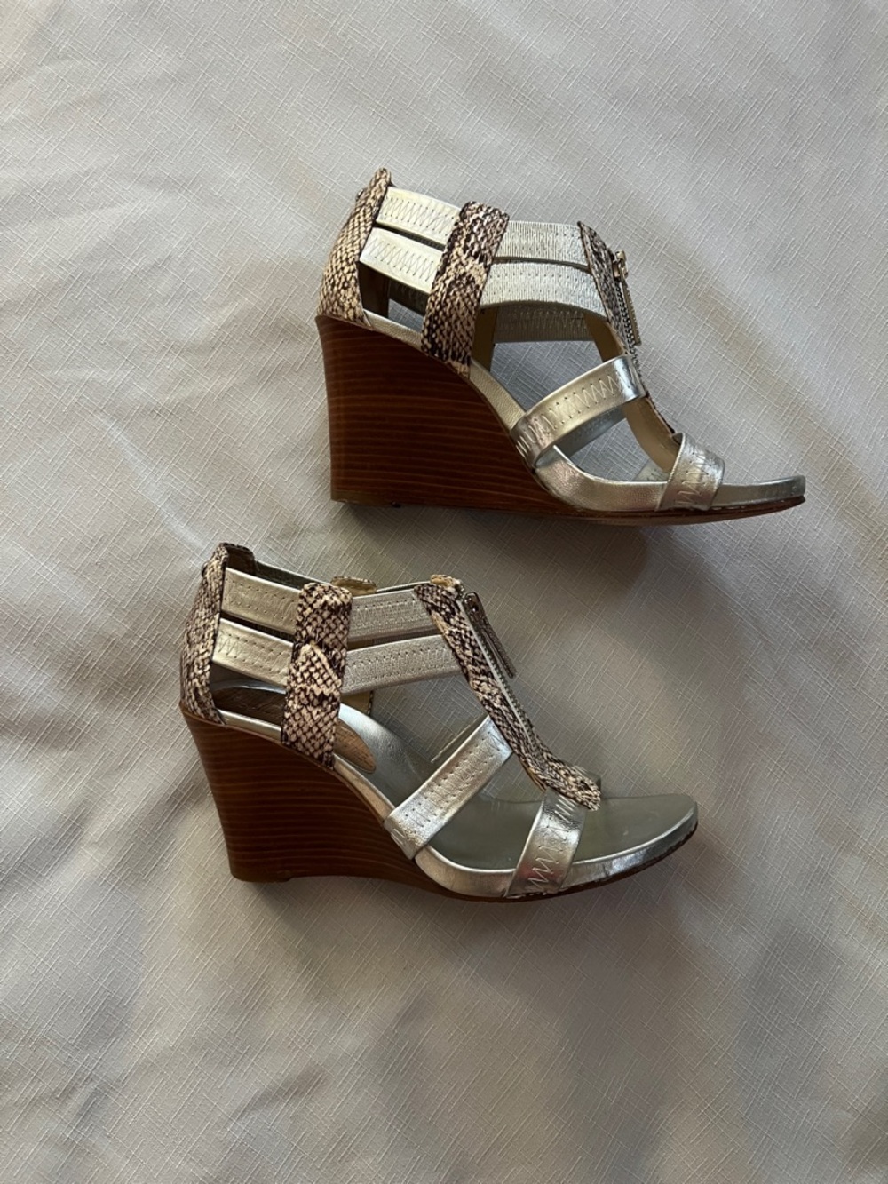 Donald J. Pliner Silver Wedge Sandals with Snake-Print Straps